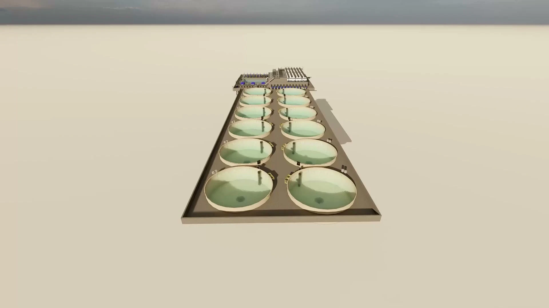 Render 3D de un centro RAS diseñado desde la biología del salmón