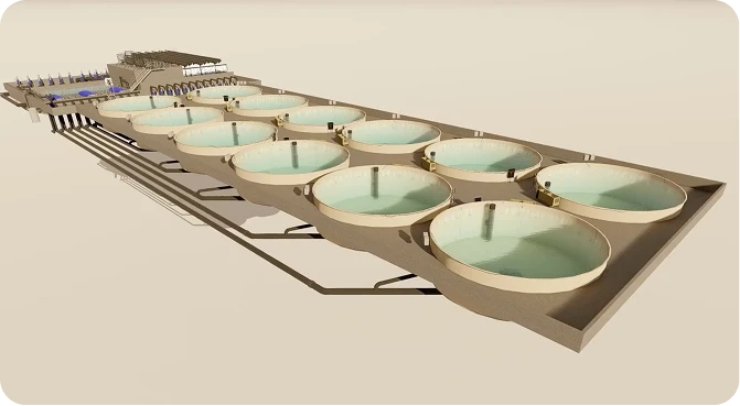 Render 3D de un centro RAS con estanques circulares de cultivo