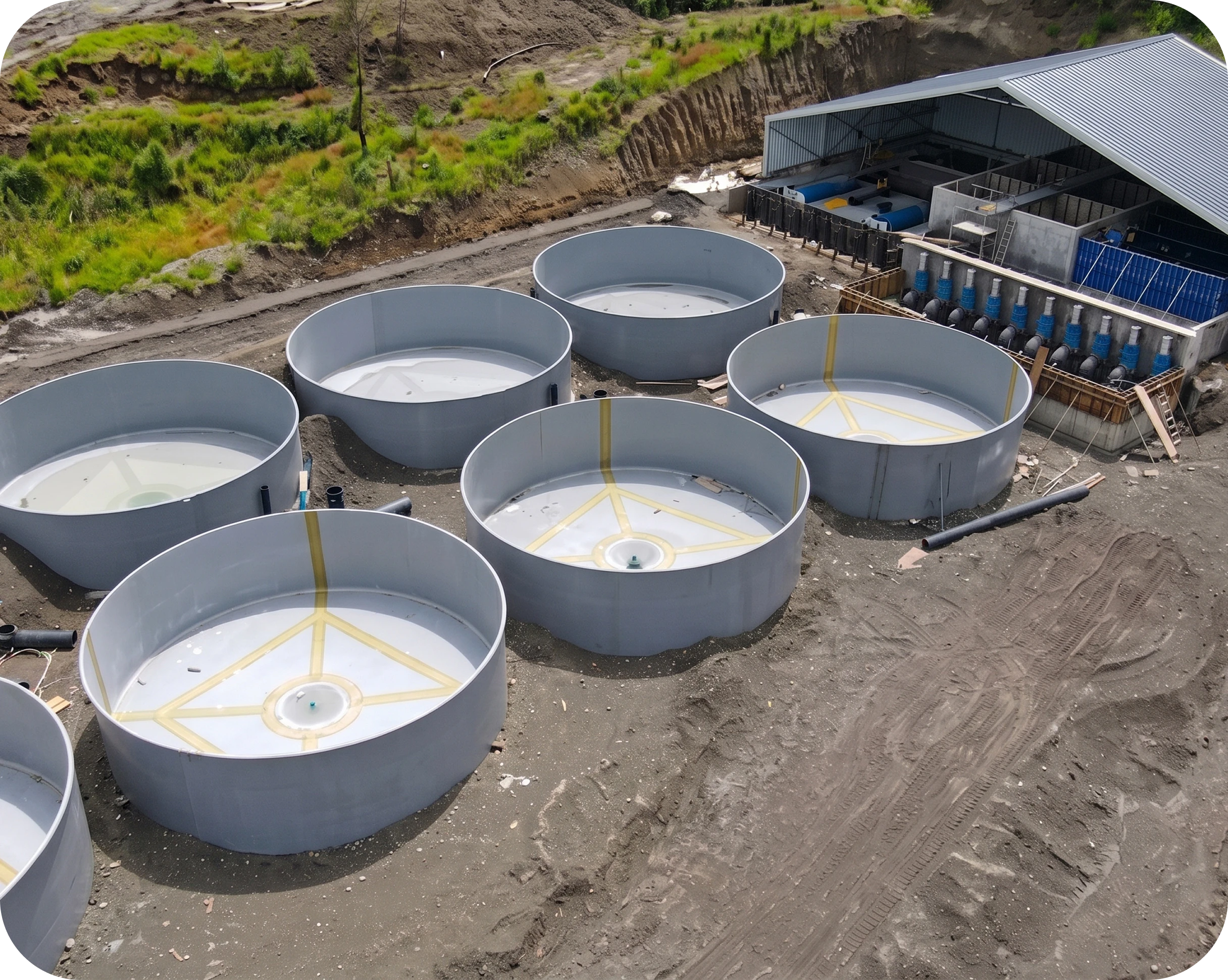 Estanques circulares RAS en construcción junto a una nave de cultivo